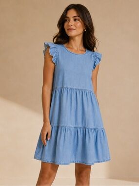 Entro Chambray Tiered Midi Dress Ruffle Sleeve Coastal Western S